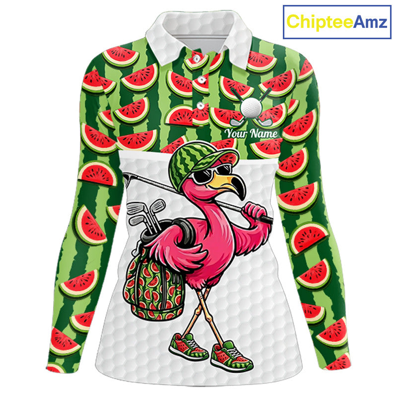 Golfing Flamingo Womens Funny Golf Polo Shirt Custom Green Pattern Watermelon Golf Ball Clothes Shirts NHT740