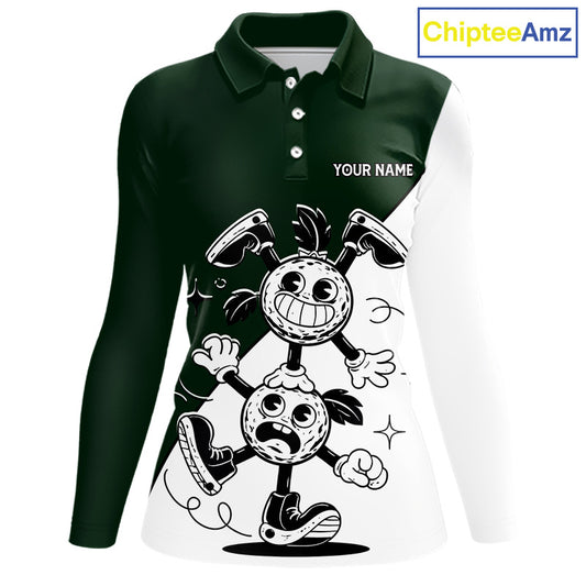 Green White Funny Golf Ball Pattern Womens Golf Polo Shirts Custom Golf Outfits Ladies, Green Golf Tops NHT785