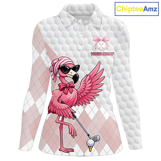Pink Flamingo Golf Shirt For Women, Funny Argyle Patten Golf Polo Shirt, Ladies Golf Outfit For Team NHT731