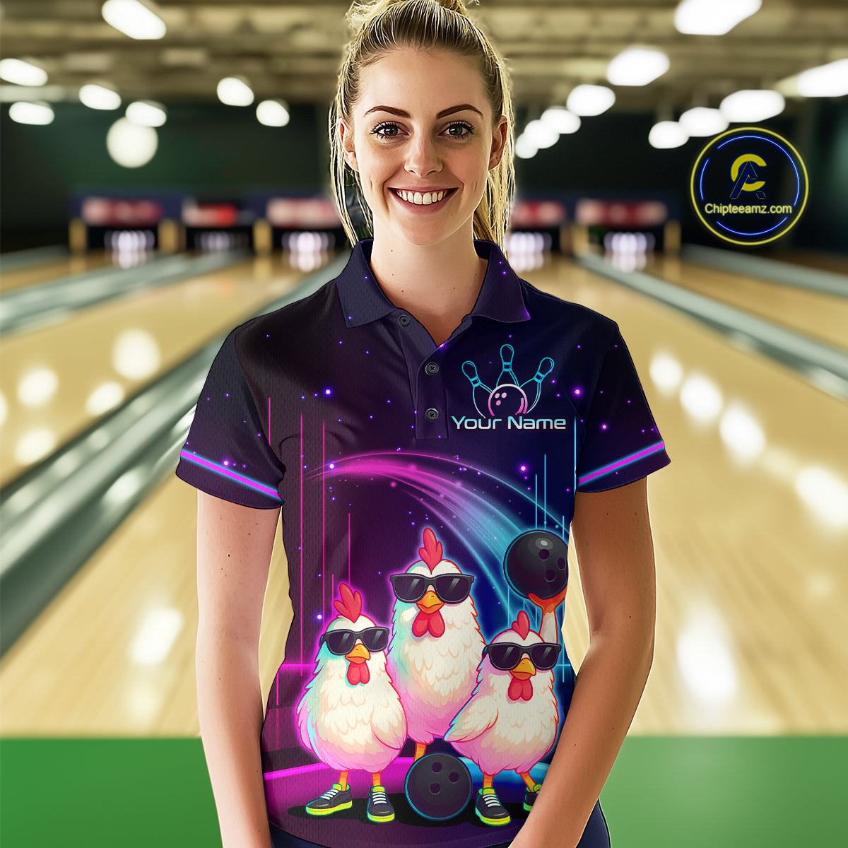 Neon Funny Family of Three Chicken Bowling Team Shirt for Women Bowling League Jersey QZT761