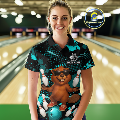 Custom Teal Funny Beaver Bowling Team Shirt Women Bowling League Jersey Polo Bowling Outfit QZT764