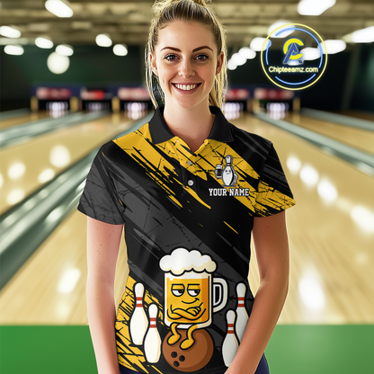 Custom Funny Beer Bowling Jersey for Women Bowling Uniform Polo & 1/4 Zip Bowling Team Shirts HNT107
