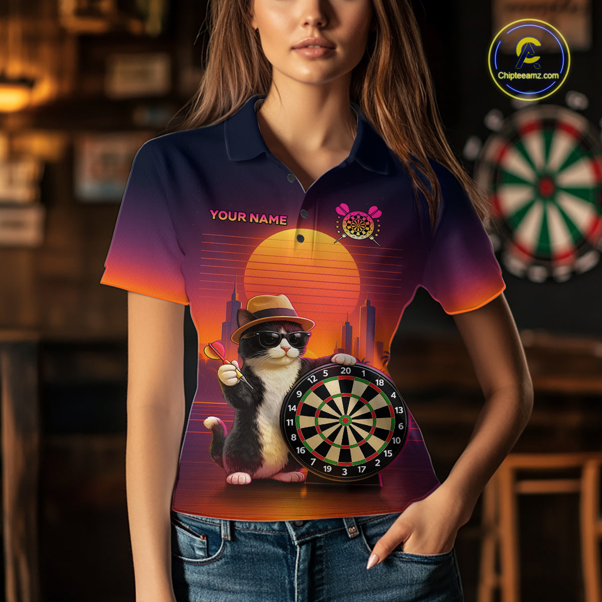 Funny Cat Retro Dart Shirts For Women Custom Dart Board Shirts Polo & 1/4 Zip Dart Jersey Team NNT124