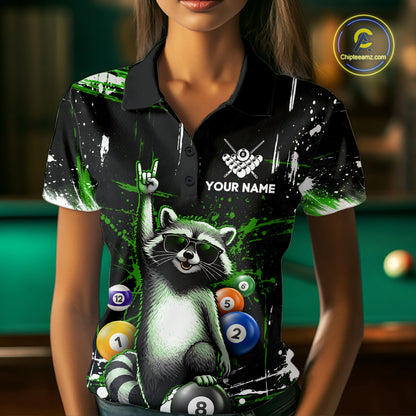 Custom Green Funny Raccoon Billiard Shirt for Women 8 Ball Pool Billiard Jersey Polo & 1/4-Zip BHT5