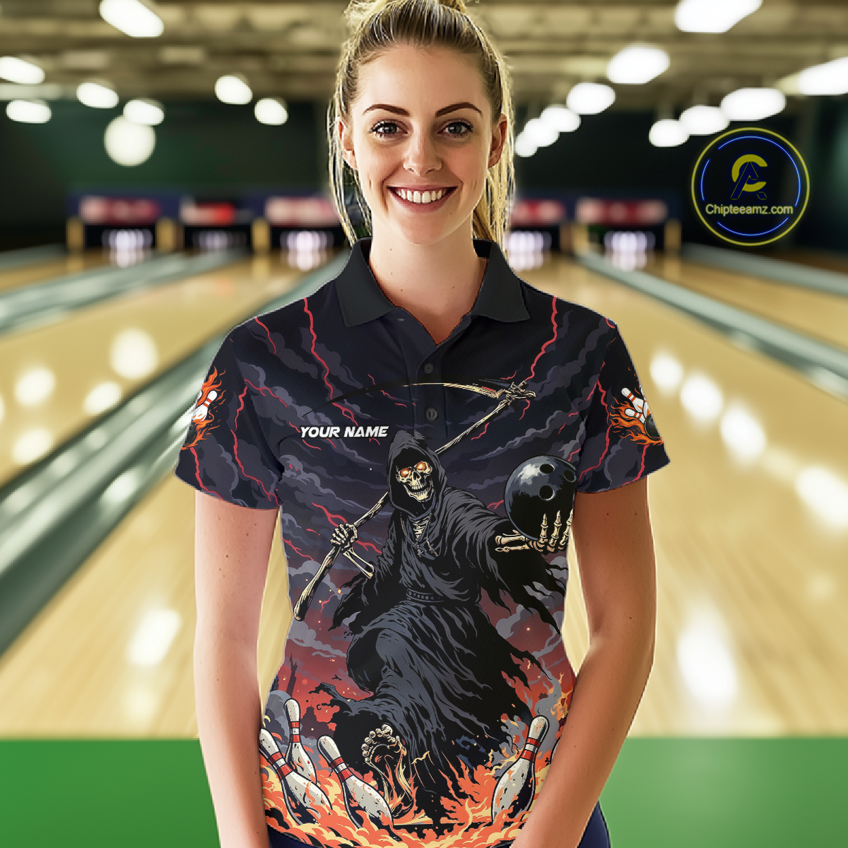 Custom Grim Reaper Flame Bowling Jersey for Women Bowling Team Shirts Polo & 1/4 Zip HNT193