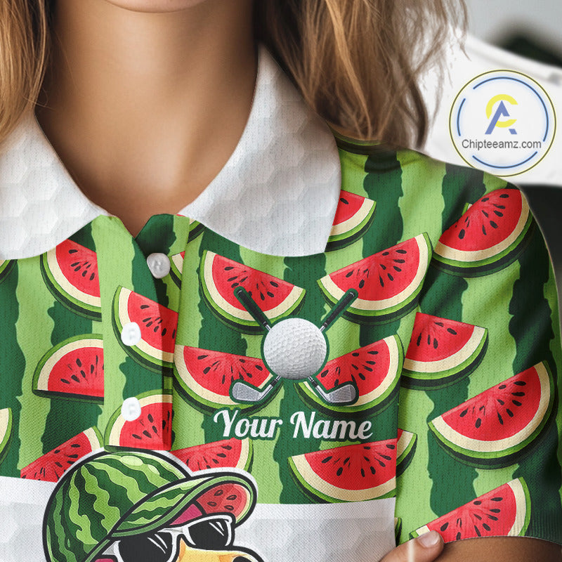 Golfing Flamingo Womens Funny Golf Polo Shirt Custom Green Pattern Watermelon Golf Ball Clothes Shirts NHT740