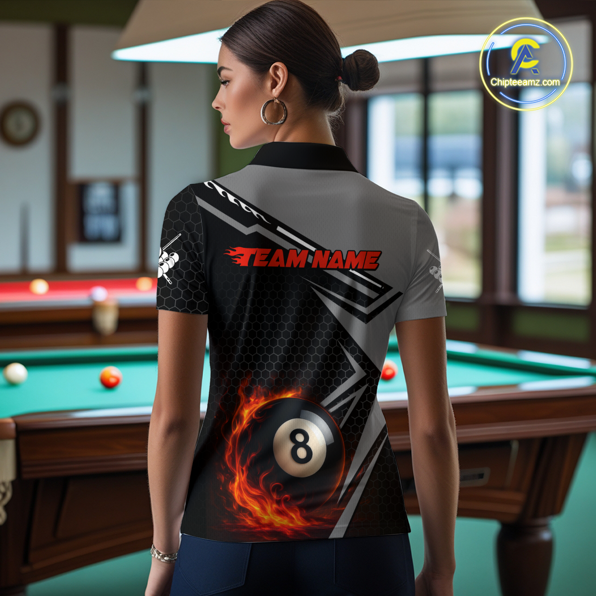 Personalized Grey 8 Ball Flame Billiard Shirts for Women, Billiard Team Polo & 1/4 Zip Shirts NNT65
