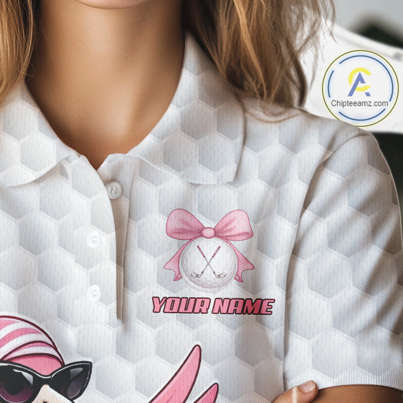 Pink Flamingo Golf Shirt For Women, Funny Tropical Patten Golf Polo Shirt, Ladies Golf Outfit For Team NHT730