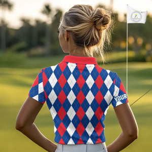 Women golf polo shirt custom red, white and blue argyle plaid pattern golf attire for ladies NQS9847