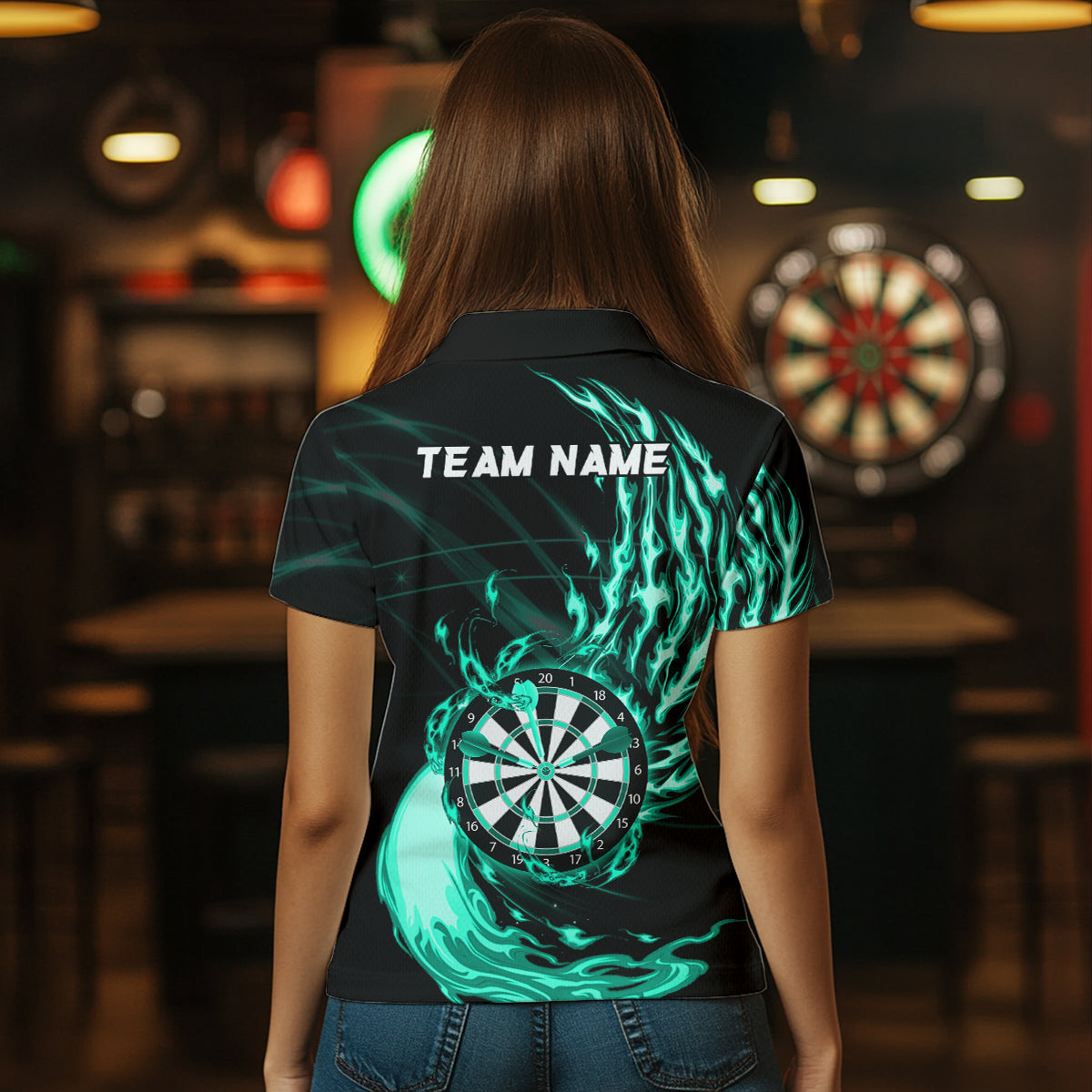 Turquoise Fire Flame Dartboard Darts Polo & Quarter Zip Custom Dart Shirts For Women Dart Jerseys TDM3739