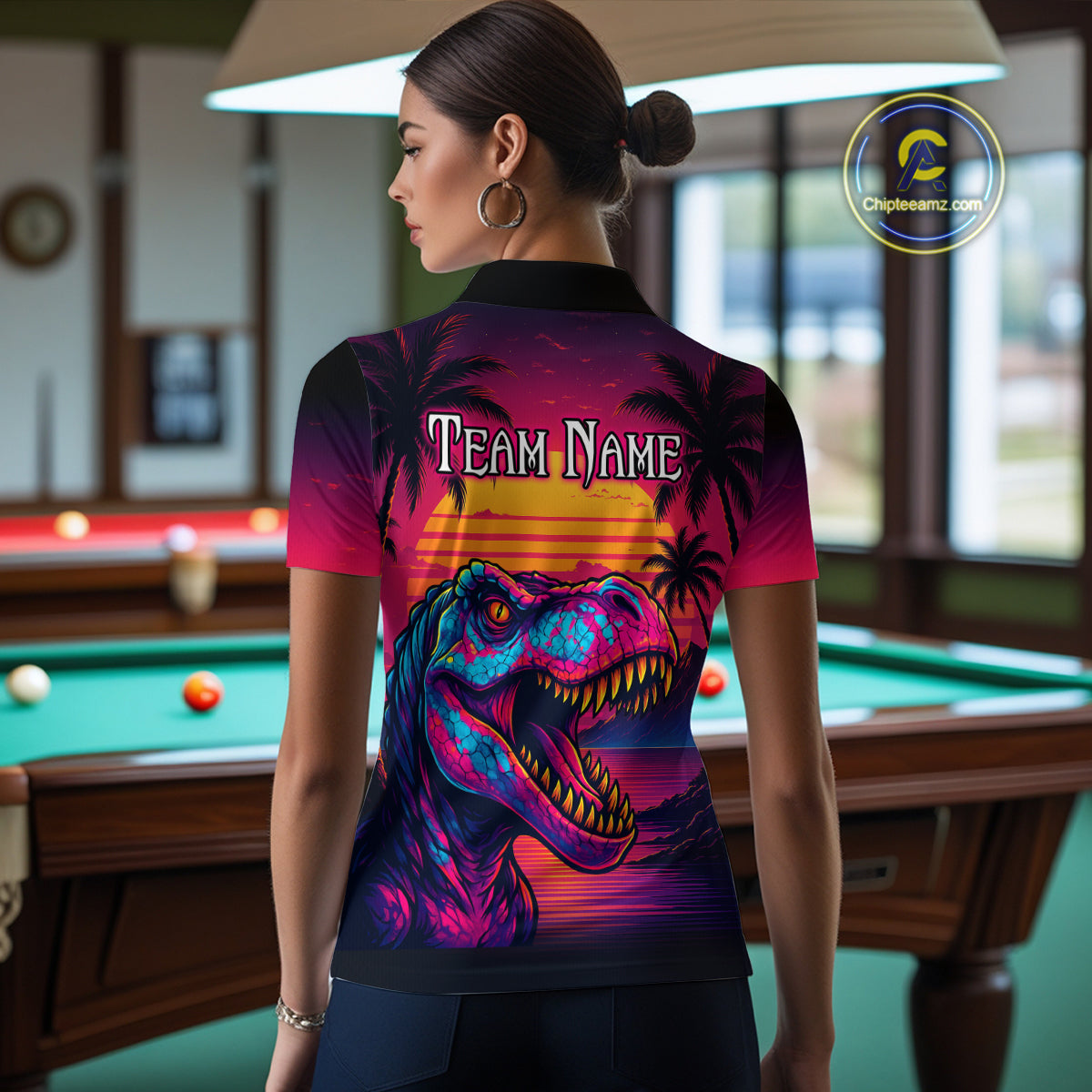 Custom Neon Dinosaur 8 Ball Billiard Shirt for Men Polo & Quarter-Zip Billiard Team Jerseys NNT81