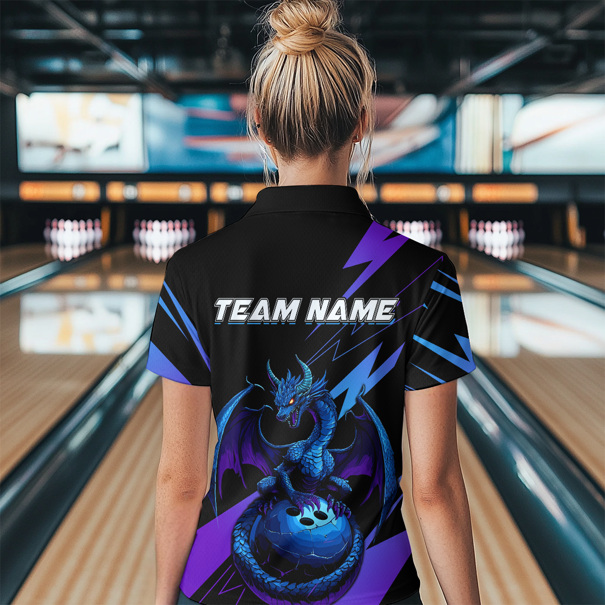 Teal And Purple Dragon Bowling Shirt Custom Name Bowling Jersey Team Bowling Polo Shirts QZT674