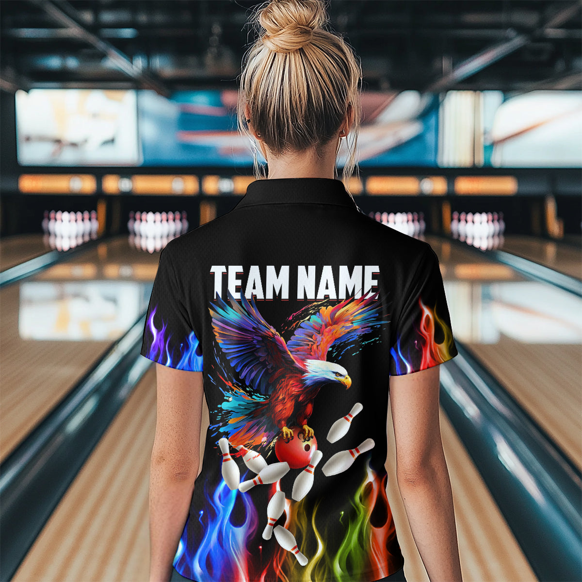 Rainbow Flame Eagle Bowling Team Jersey Personalized Bowling Polo Shirt For Men And Women QZT681