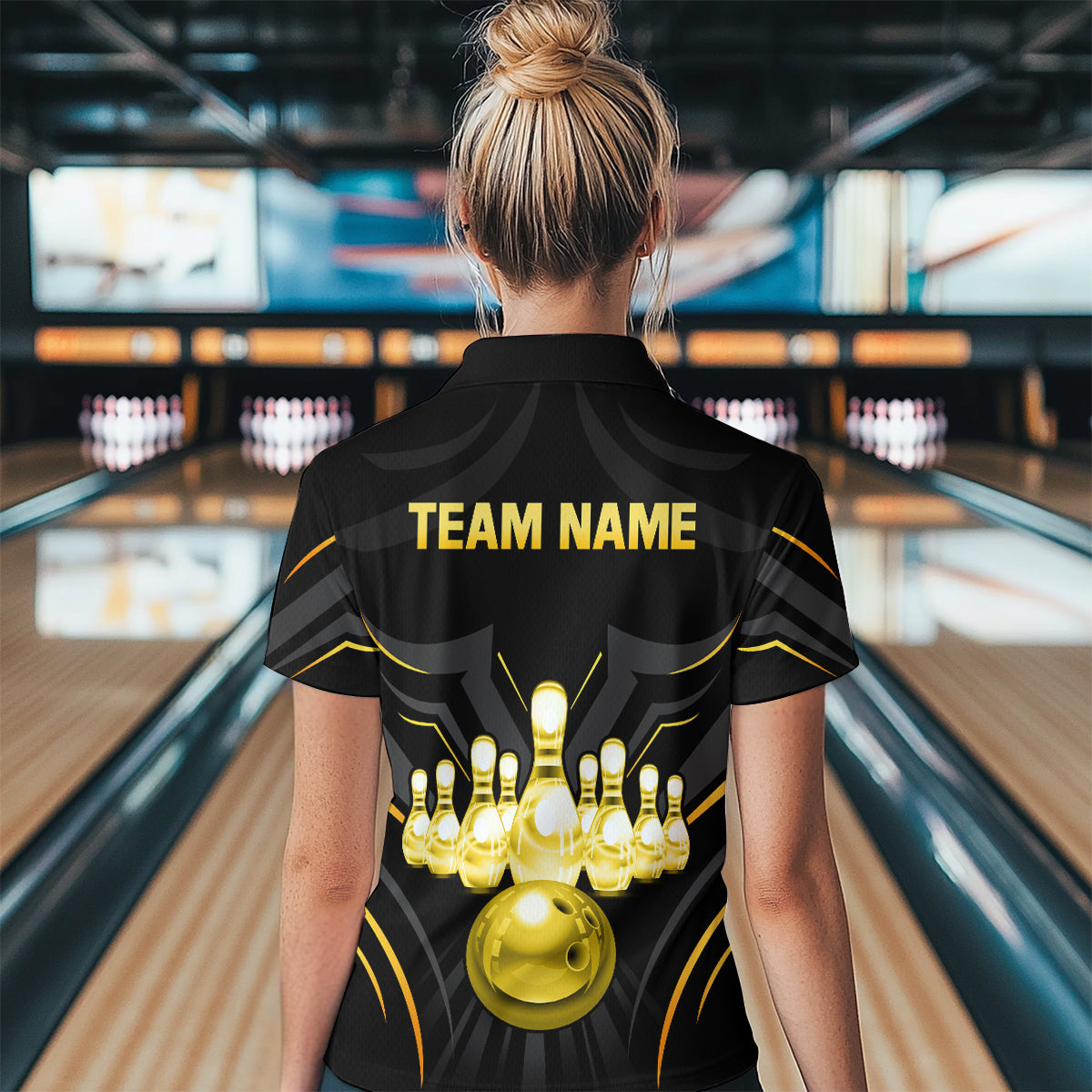 Black and Gold Custom Name Bowling Jerseys For Women Bowling Team Shirts Bowling Pin And Ball HNT26
