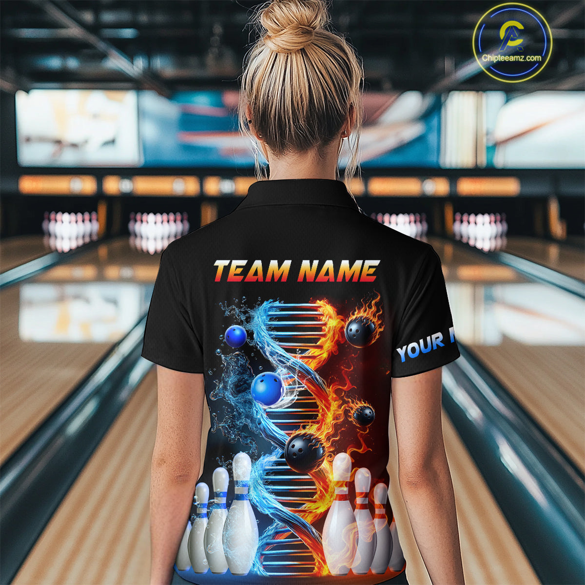 Woman wearing custom ice and fire DNA bowling polo shirt, back view mockup, personalized bowling league jersey.
