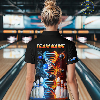 Woman wearing custom ice and fire DNA bowling polo shirt, back view mockup, personalized bowling league jersey.