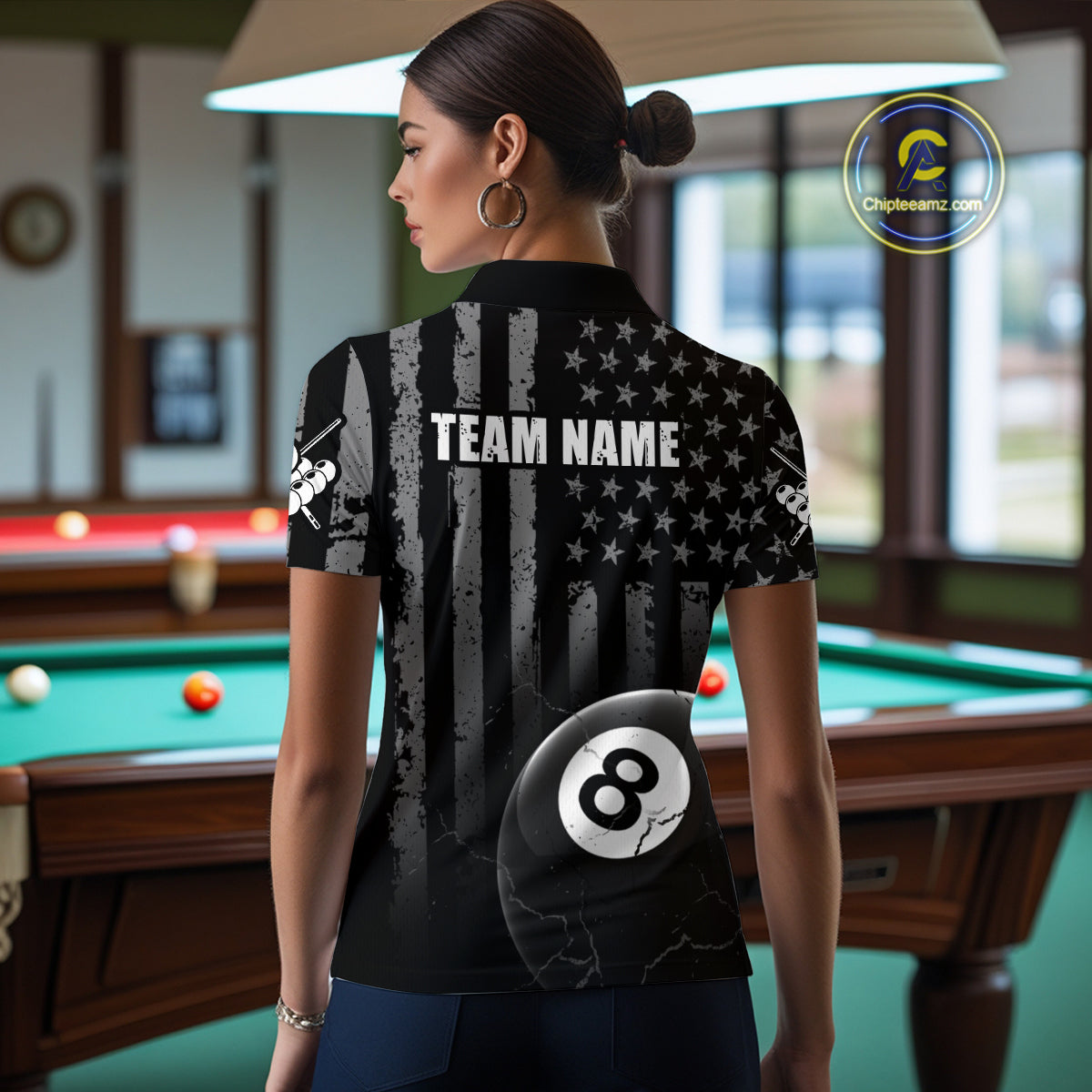 Custom American Flag 8 Ball Billiard Shirts for Women, Billiard Team Polo & 1/4 Zip Shirts NNT64