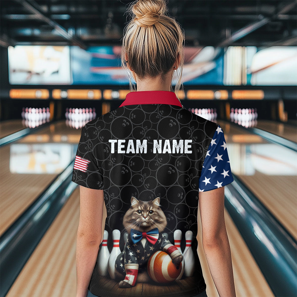 Personalized Patriotic Cat Bowling Shirt Polo American Bowling Jersey for Men Women QZT673