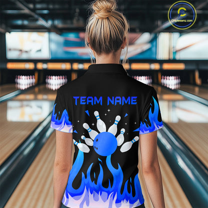 Custom Blue Flame Bowling Shirts for Women Polo & Quarter-Zip Bowling Team Jerseys HNT82