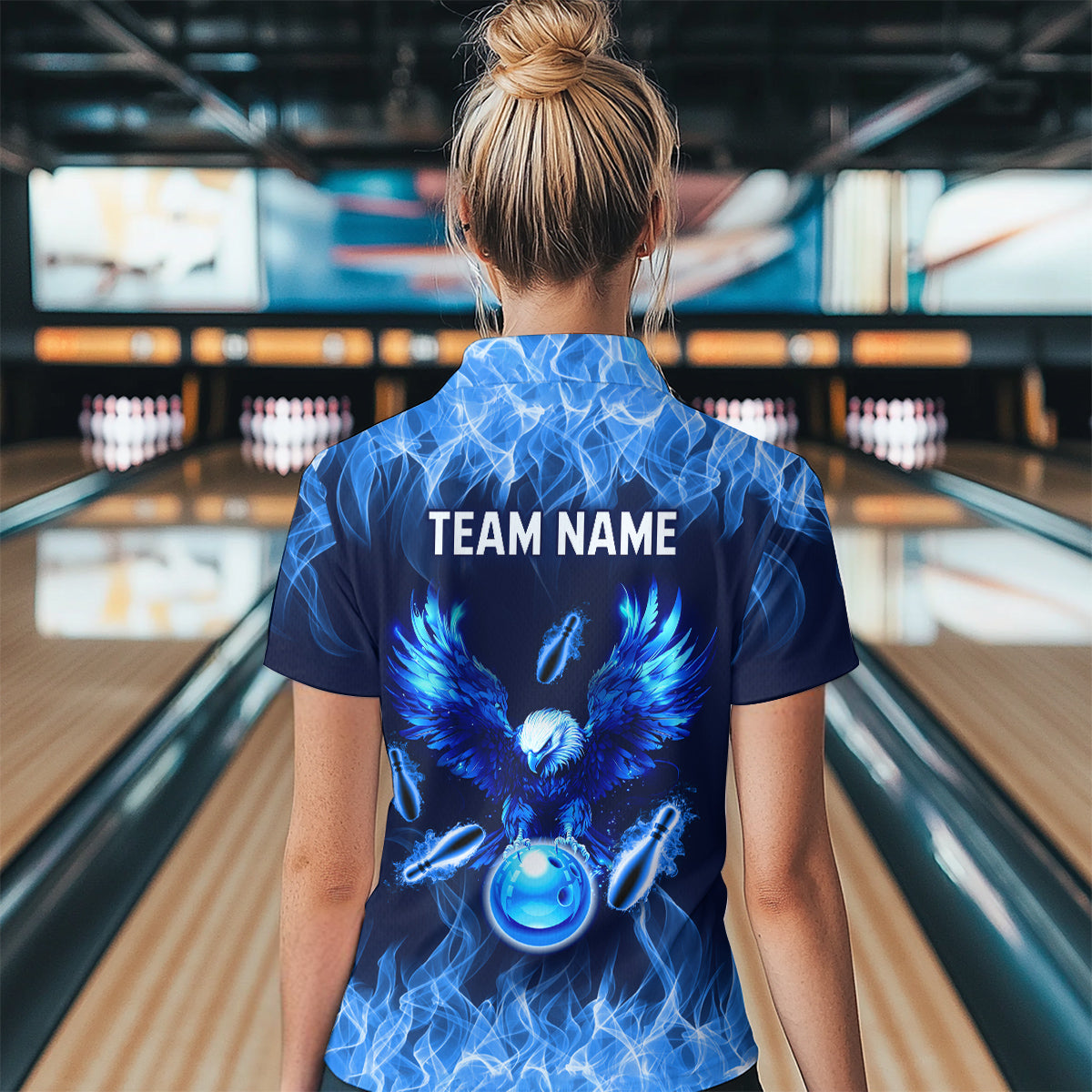 Blue Flame Eagle Custom Bowling Team Shirts For Women Fire Bowling League Polo & 1/4 Zip Shirt HNT09