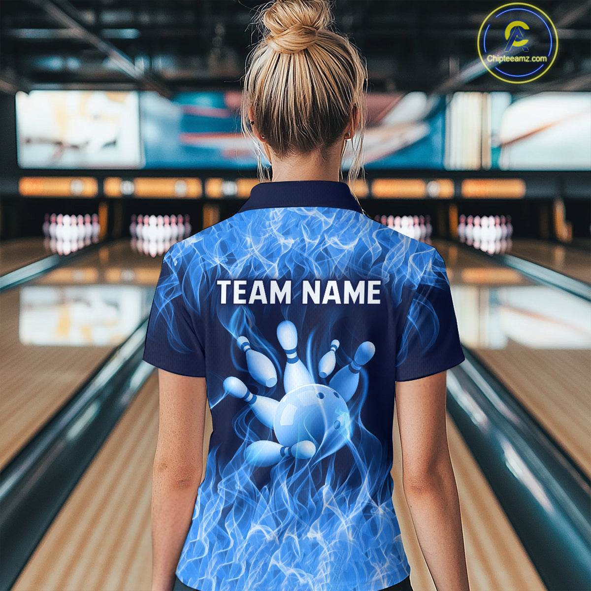 Custom Blue Flame Bowling Jersey for Women Polo & 1/4 Zip Bowling Team Shirts Bowling League HNT150