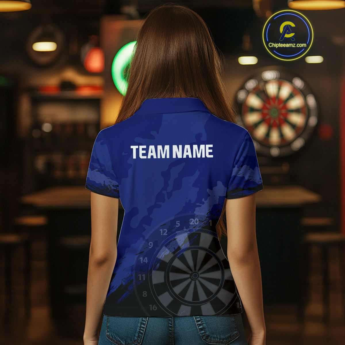 Women’s Custom Darts Team Shirt With Navy Pattern & Black Dartboard, Darts Jersey NYN0319