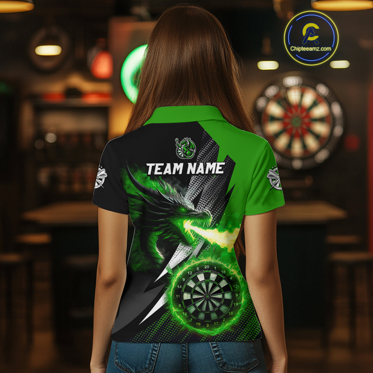 Personalized Striking Black And Green Flaming Dragon Dart Shirts For Women Custom Dart Team Jerseys TDM4299