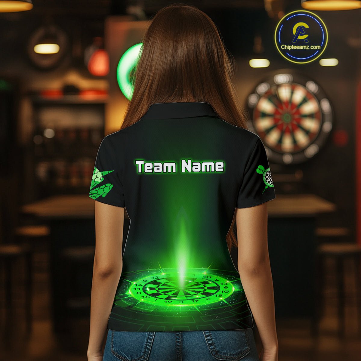 Custom Women's Darts Jersey Green Lightning Dartboard With Halftone Pattern NYN0276