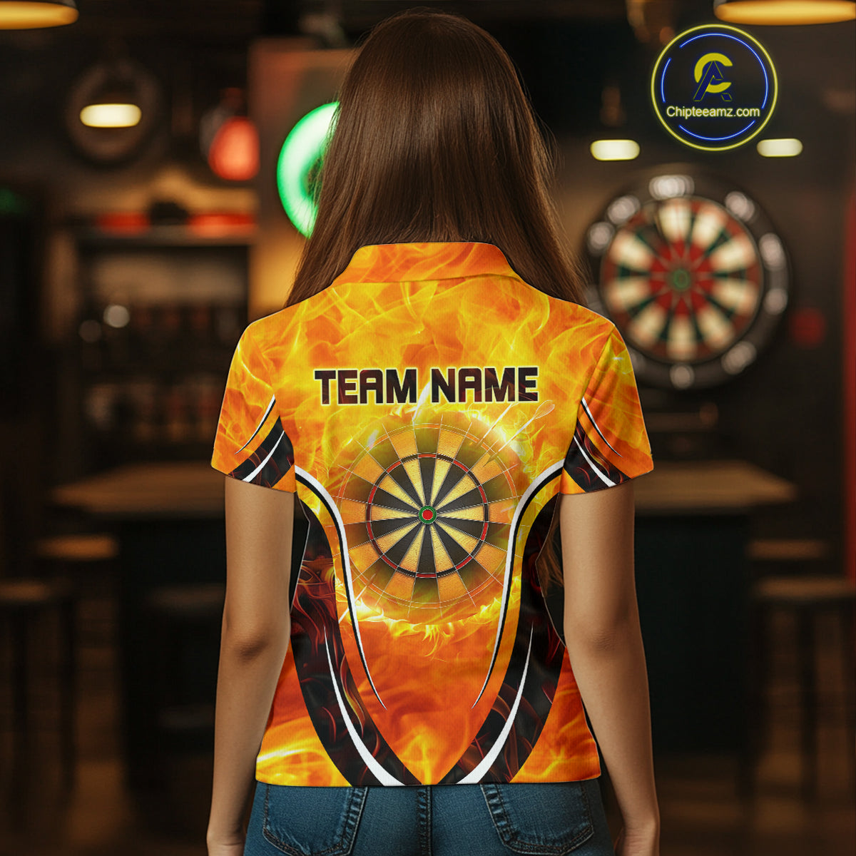 Women's Custom Darts Team Shirts With Explosive Flame Dartboard And Geometric Shapes NYN0298
