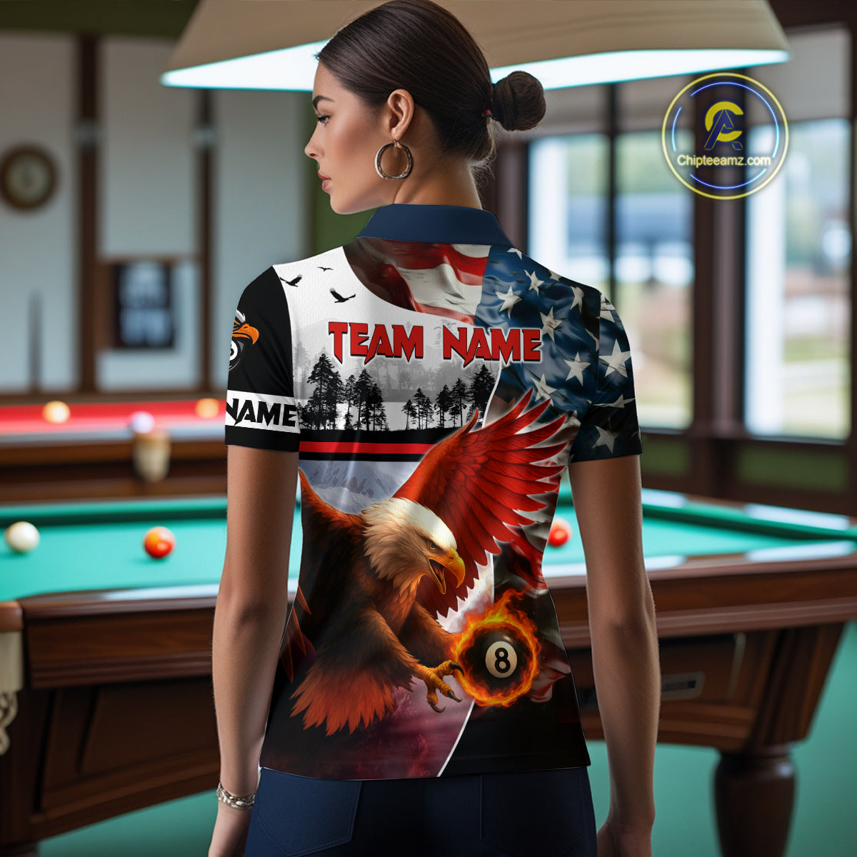 Custom American Flag Eagle 8 Ball Pool Vintage Billiard Shirts For Women, Patriotic Billiard Jerseys TDM3990