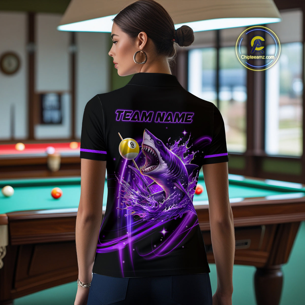 Purple 8 Ball & 9 Ball Pool Billiard Shark Polo & Quarter Zip For Women Custom Team Billiard Jerseys TDM4088