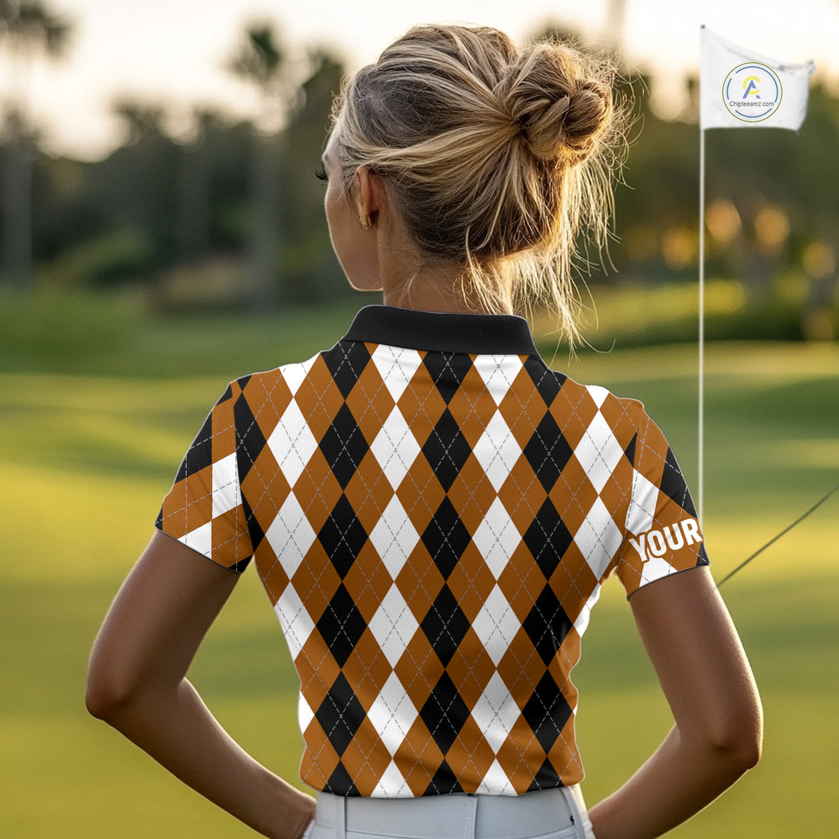 Women golf polo shirt custom brown argyle plaid pattern golf attire for ladies NQS9848
