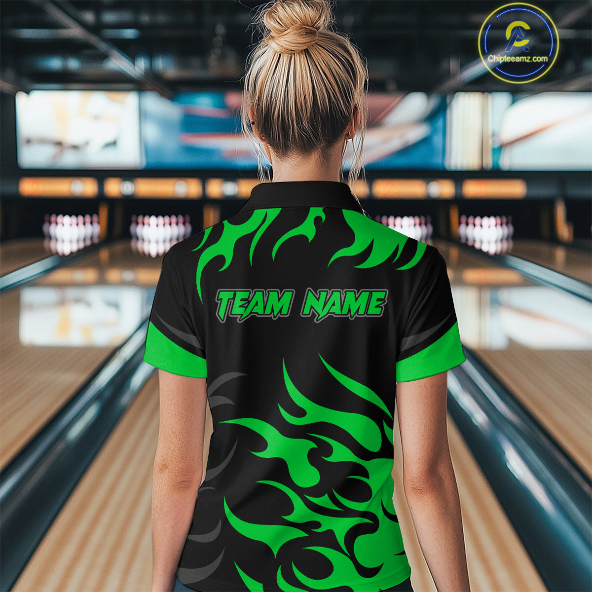 Black and Green Flame Bowling shirts for Women Custom team bowling jerseys, ladies bowling apparel NQS10268