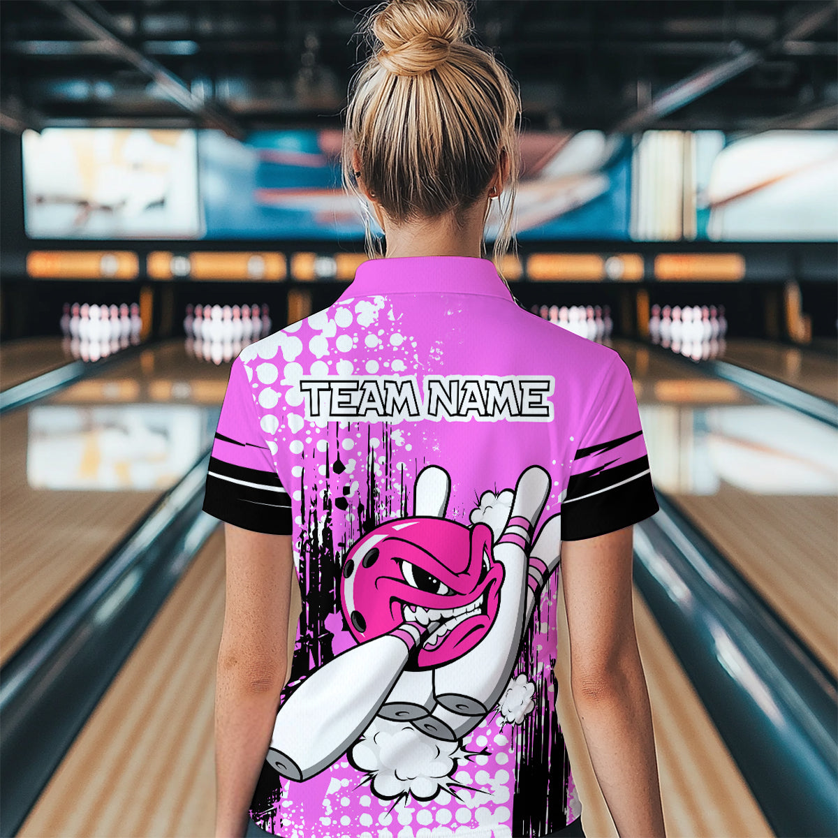 Personalized Pink Funny Crazy Bowling Shirt for Women Polo & Quarter-Zip Bowling Jersey with Team HNT03