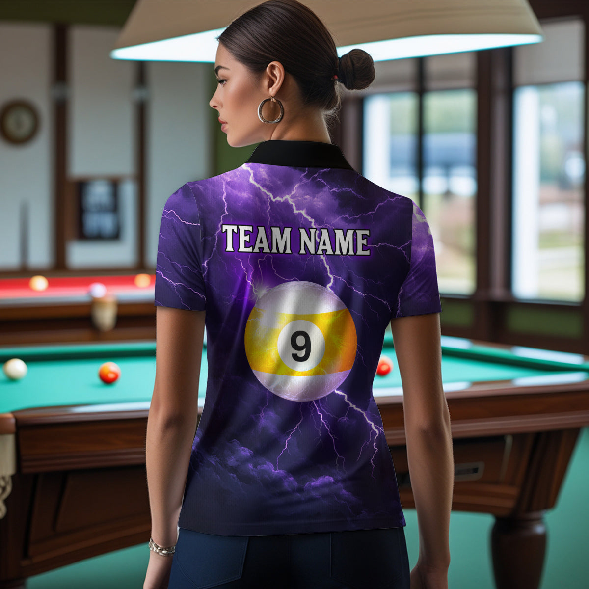 Purple Thunder 8 & 9 Ball Billiards Shirt Women Team Polo & 1/4 Zip Shirts Billiard Jersey NNT17