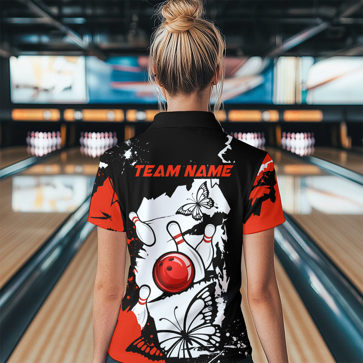 Custom Red Butterflies Bowling Shirt for Men Women Team Bowling Polo&Quater Zip MBL76