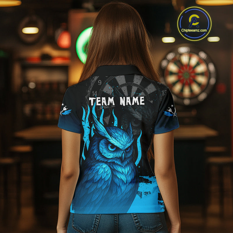 Women’s Darts Shirt With Navy Owl And Grunge Dartboard, Custom Name Option NYN0305