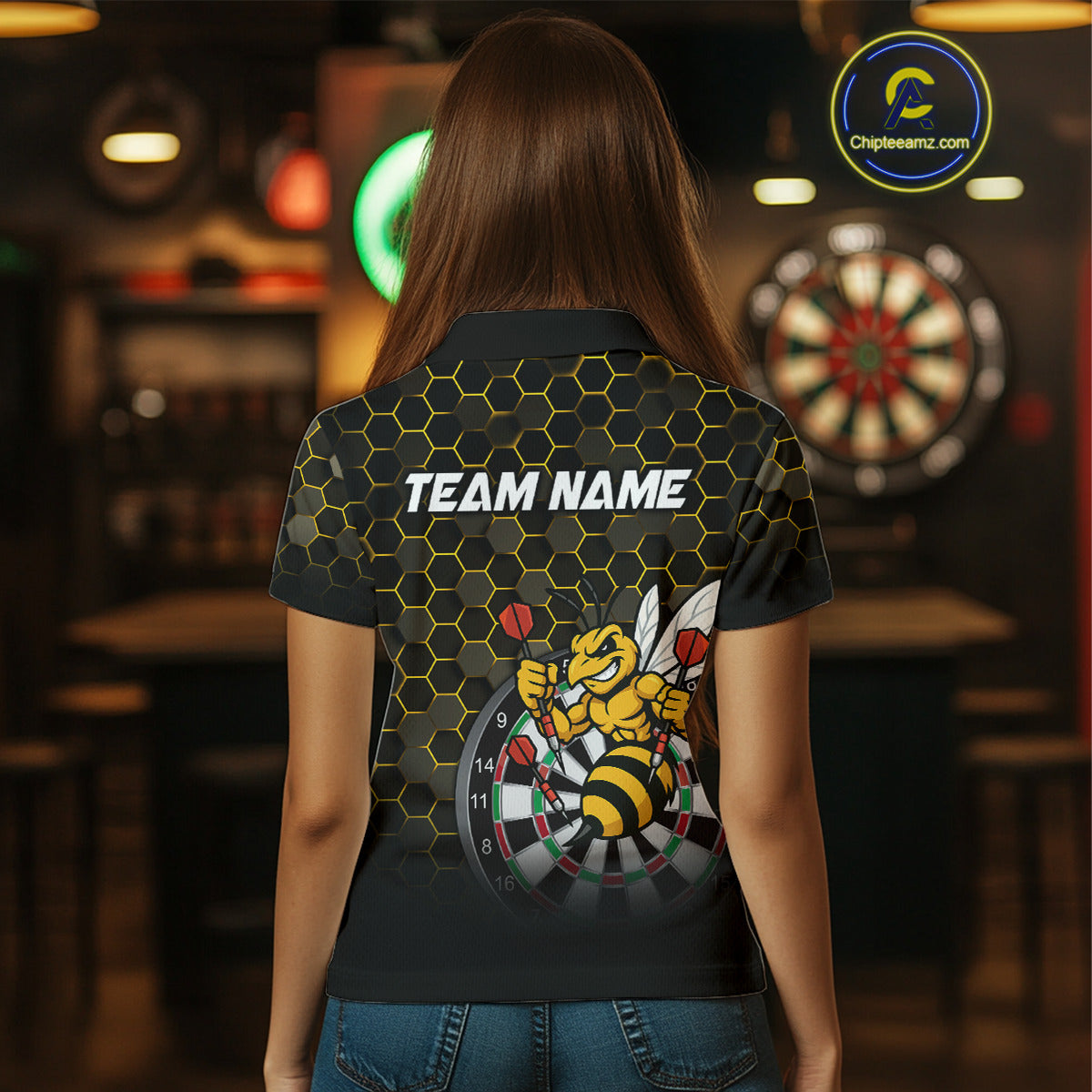 Funny Bee Hexagon Dart Shirts For Women – Custom Darts Team Polo & Quarter Zip Jerseys TDM4003