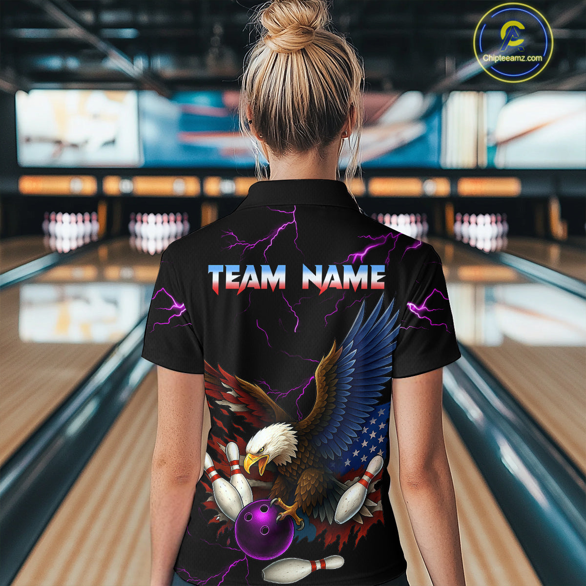 Purple Thunder US Flag Eagle Bowling Shirts for Women Team Bowling Polo & Quarter-Zip HNT96