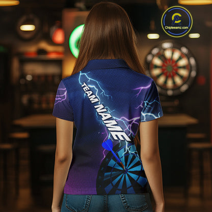Custom Purple Blue Lightning Strike Dart Shirts For Women, Darts Team Jersey Polo & 1/4 Zip Outfit TDM4140