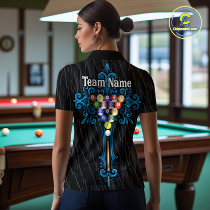 Custom Blue Baroque Pattern Ball Pool Billiard Shirts for Women Team Polo & 1/4 Zip Shirts NNT60