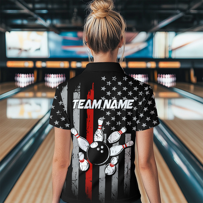 US Red Flag Bowling Shirt for Women Custom Name Polo & Quarter-Zip Bowling Jersey Bowling Team Shirt HNT23