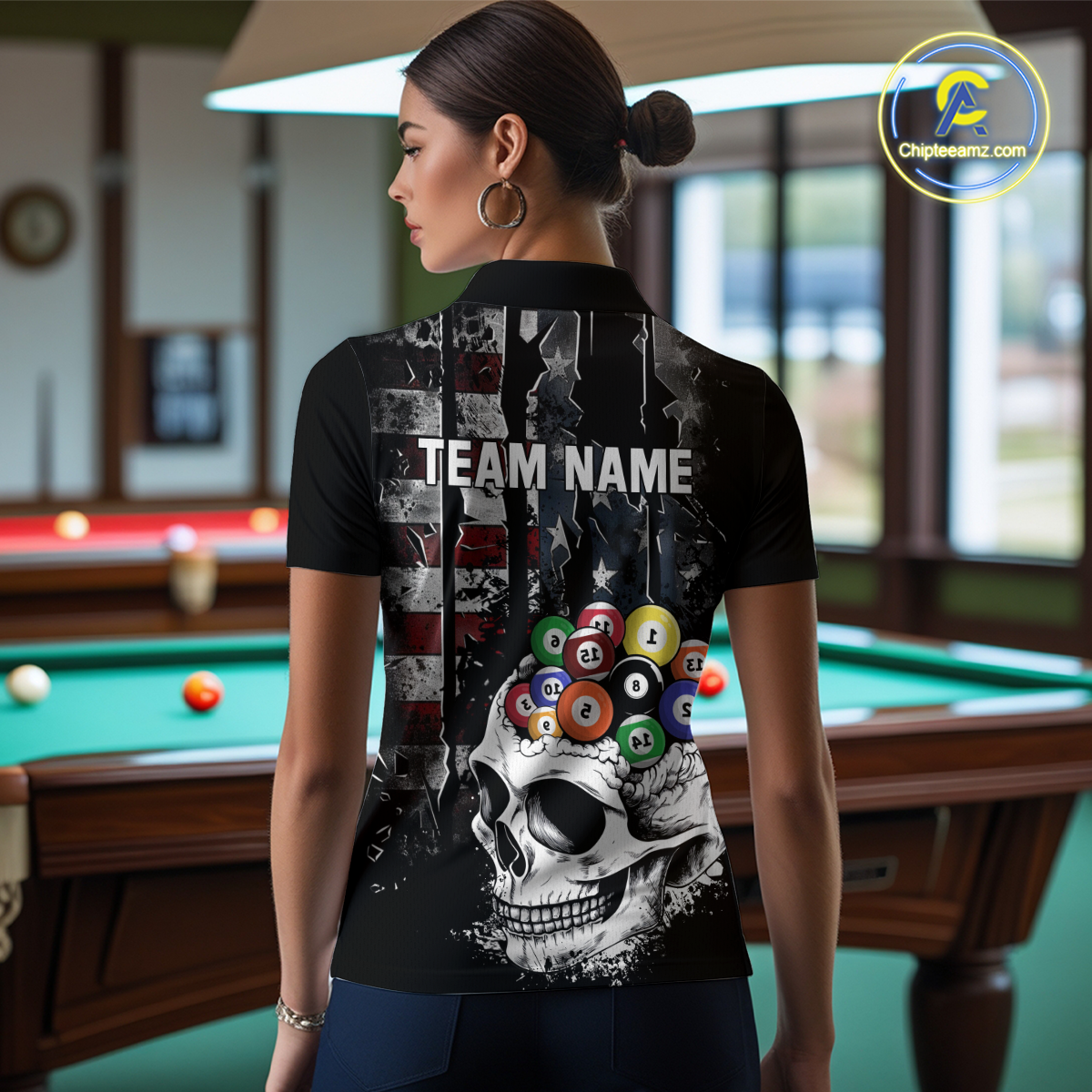 Personalized Skull US Flag Billiard Team Jersey Billiard Shirts for Women Polo & 1/4 Zip Shirts NNT42