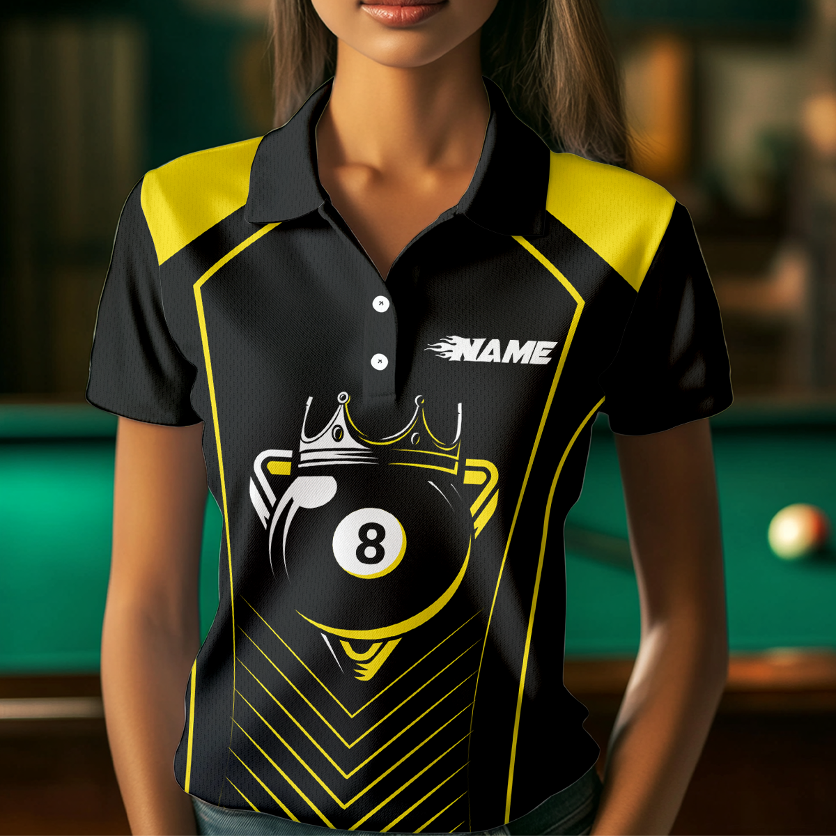 Customized Yellow 8 Ball Pool Crown Women's Billiard Shirts, Billiard Team Shirts Polo & 1/4 Zip Shirts NNT37