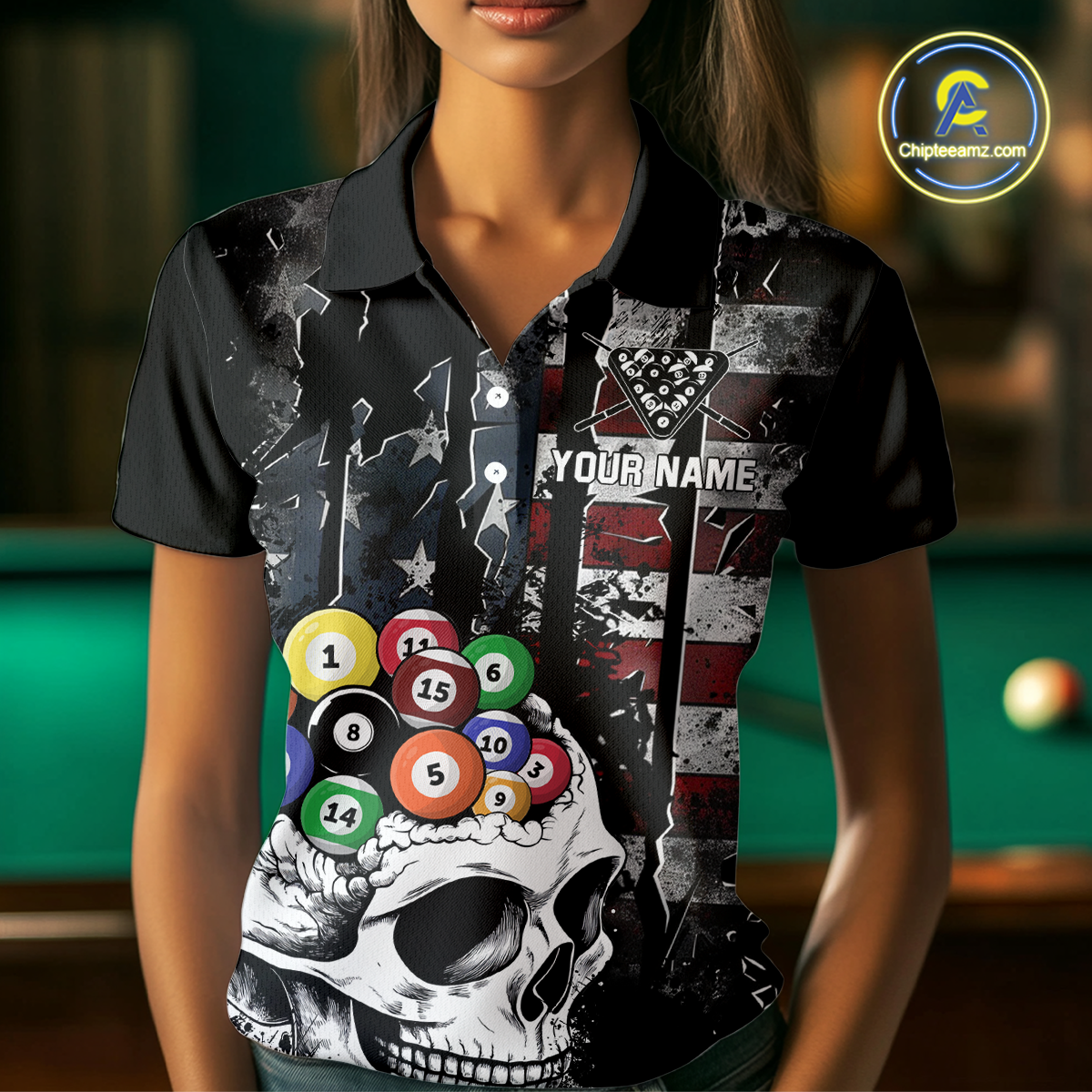 Personalized Skull US Flag Billiard Team Jersey Billiard Shirts for Women Polo & 1/4 Zip Shirts NNT42