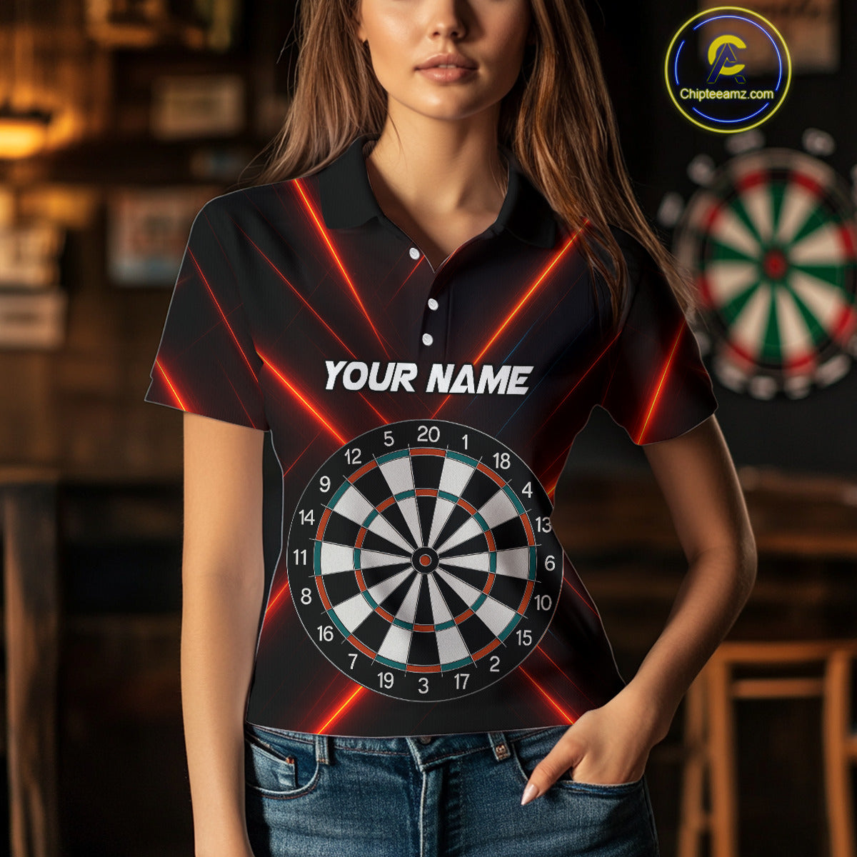 Women's Personalized Darts Shirt With Red Laser Streaks And Dual Dartboards NYN0268