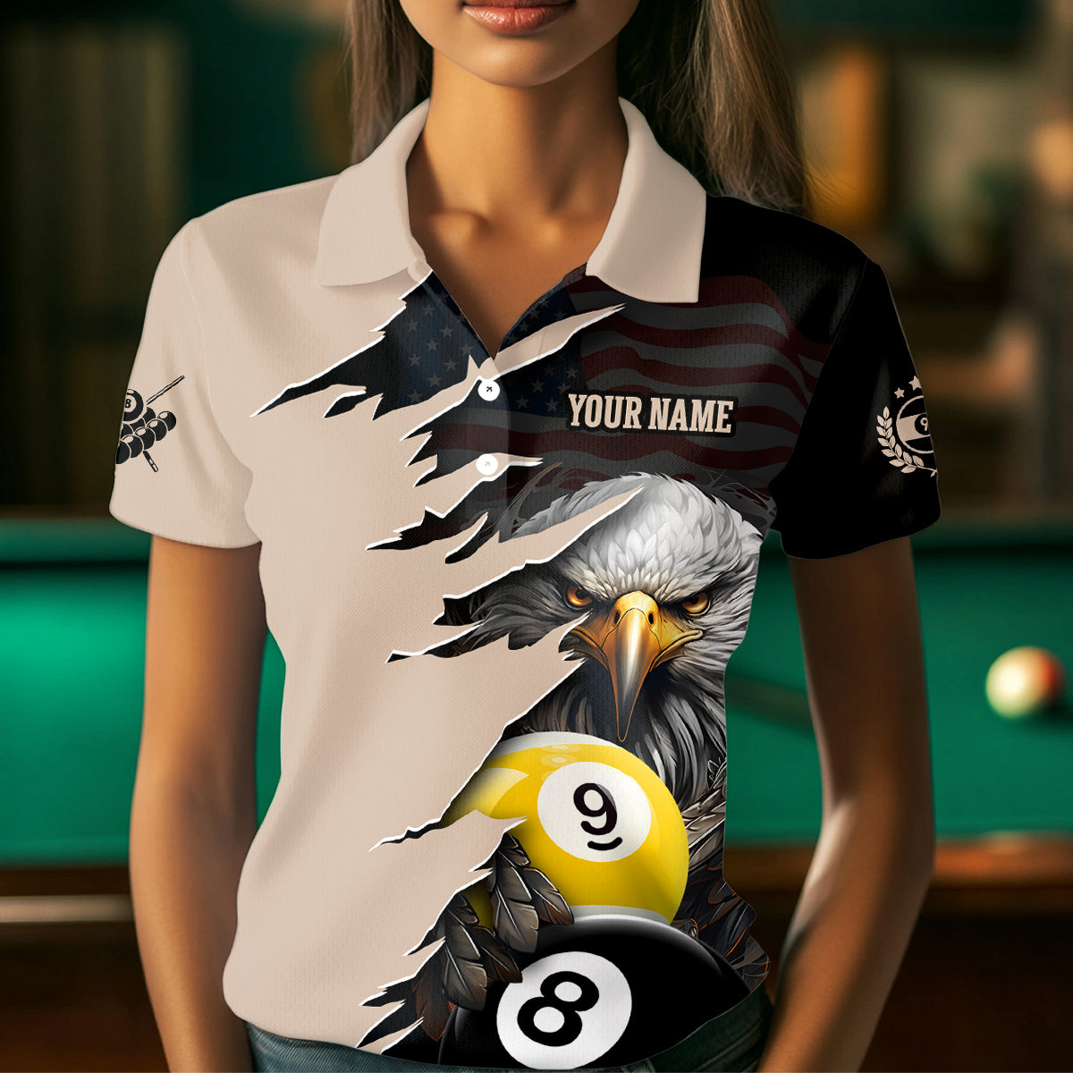 Personalized American Flag Eagle 8 & 9 Billiard Jersey for Women Billiard Shirt Polo & 1/4 Zip NNT38