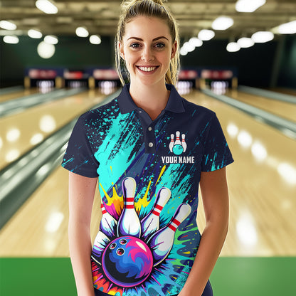 Custom Teal Bowling Shirt for Women Men Bowling Water Color Bowling Polo & 1/4 Zip Shirts MBL37