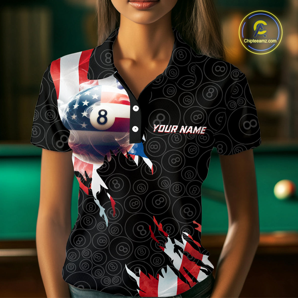 American Flag 8 Ball Billiard Shirts For Women Custom Pool Team Jerseys Polo & Quarter Zip TDM3966