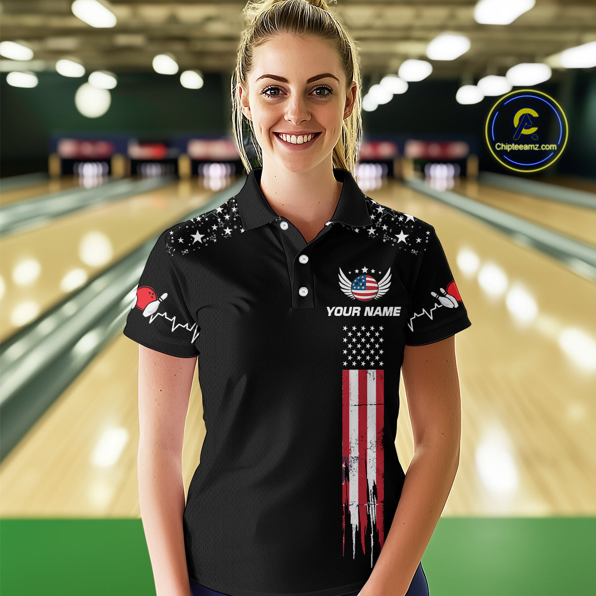 American Flag Bowling Custom Women Bowling Shirt Polo & Quarter-Zip Bowling Team Jerseys HNT54